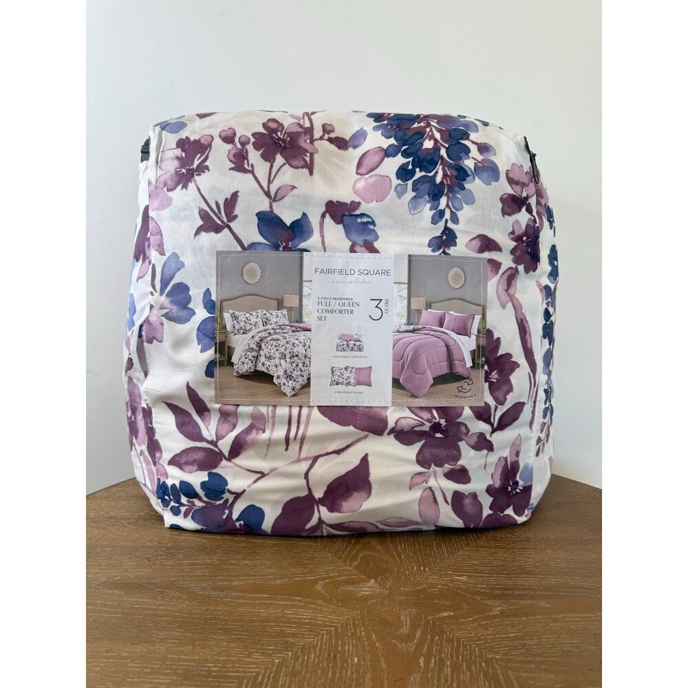 Fairfield Square 3-Piece Reversible Full/Queen Comforter Set Purple Floral NEW